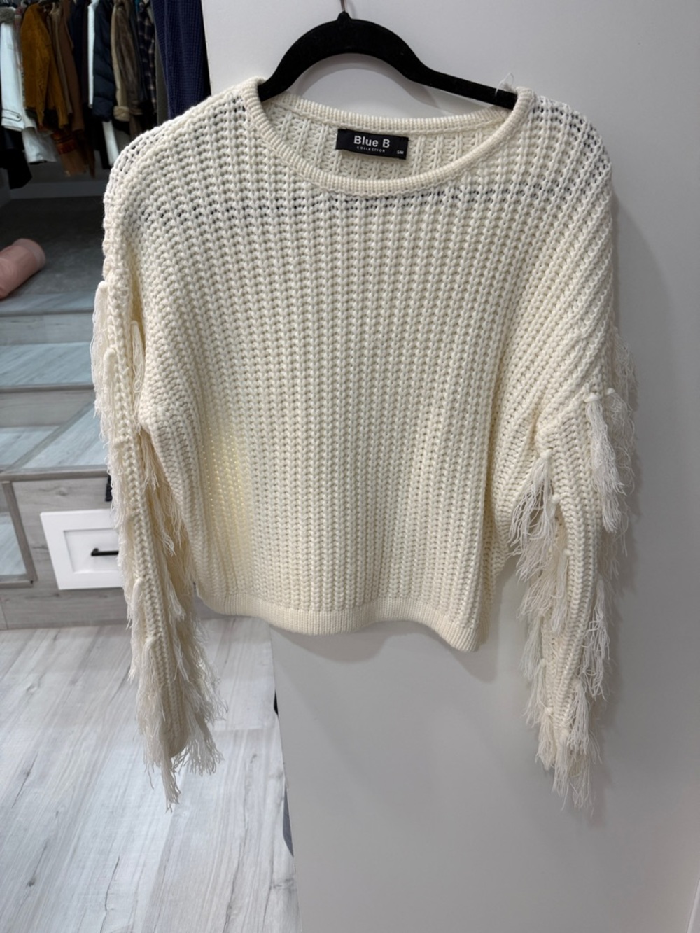Blue B Cream Fringe Sleeve Crewneck Sweater